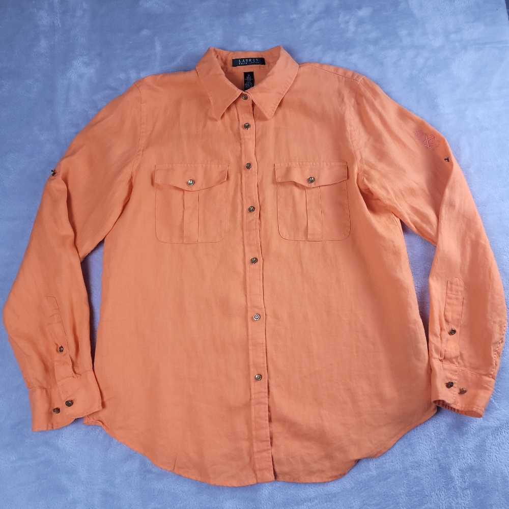Lauren Ralph Lauren Womens Size Medium 100% Linen Shirt Orange Button Blouse